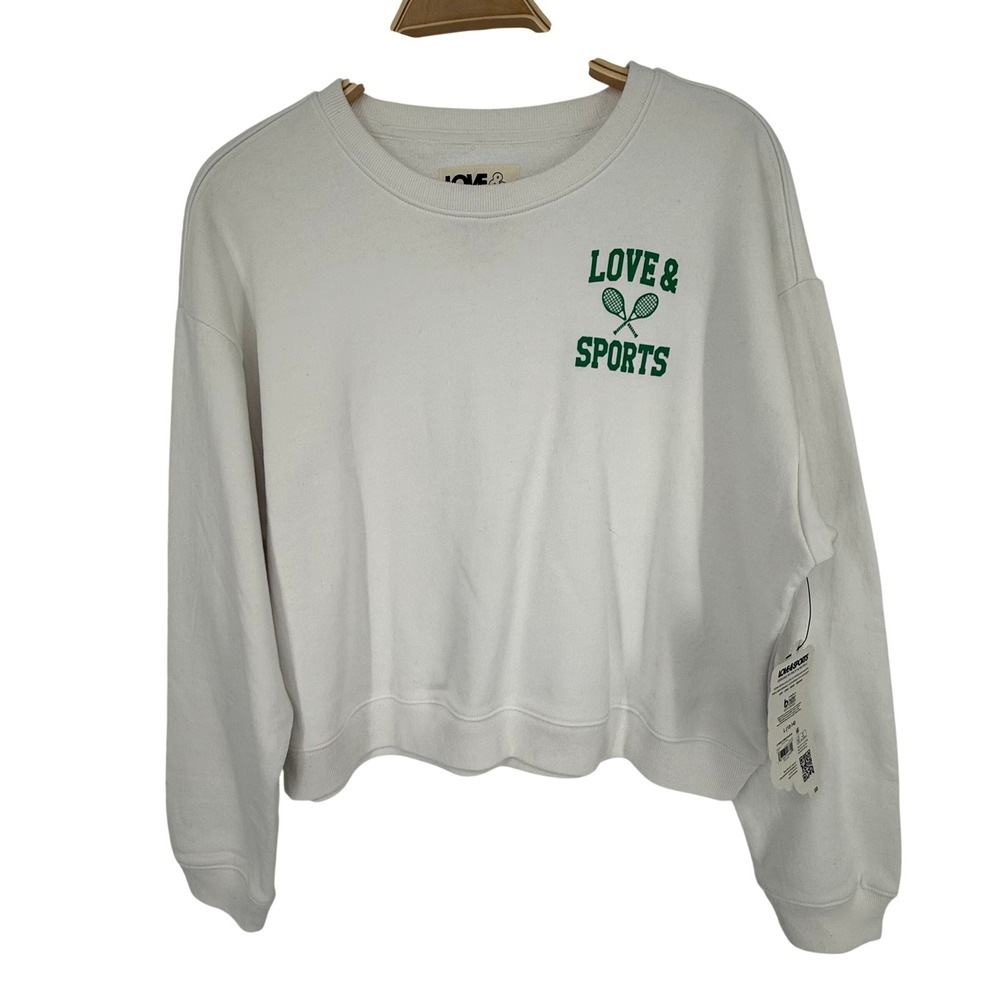 Love & Sports French Terry Pullover Womens L White New Tennis Graphic Sweatshirt